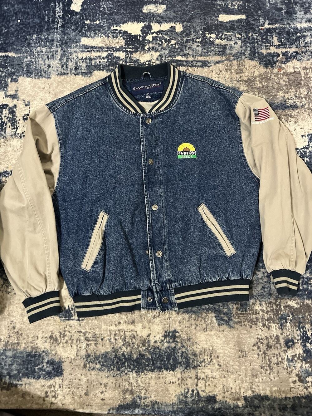 Size L-VTG 90’s Swingster Hytest Seeds Rare Bomber Denim Jacket Blue Green Sail